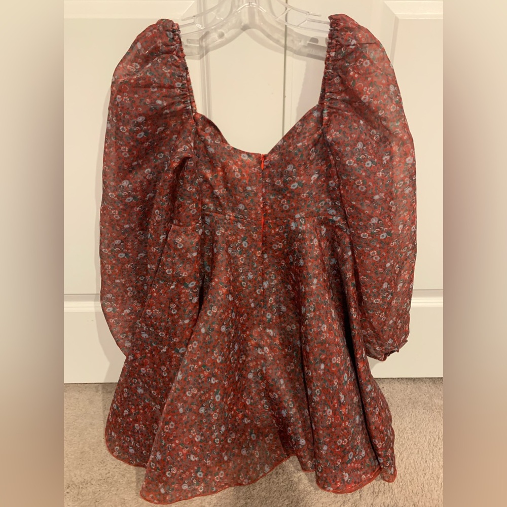 Selkie Red Floral Mini Dress with Puff Sleeves
